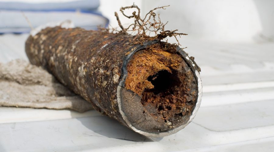 Rusty and damaged sewer pipe with roots protruding, illustrating common signs of a sewer line clog, relevant to plumbing maintenance and repair services.